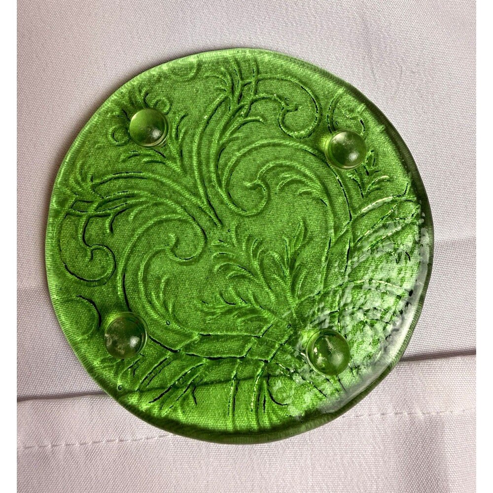 Green Pressed Glass Floral Embossed Round Trinket Dish, 4 in Diameter